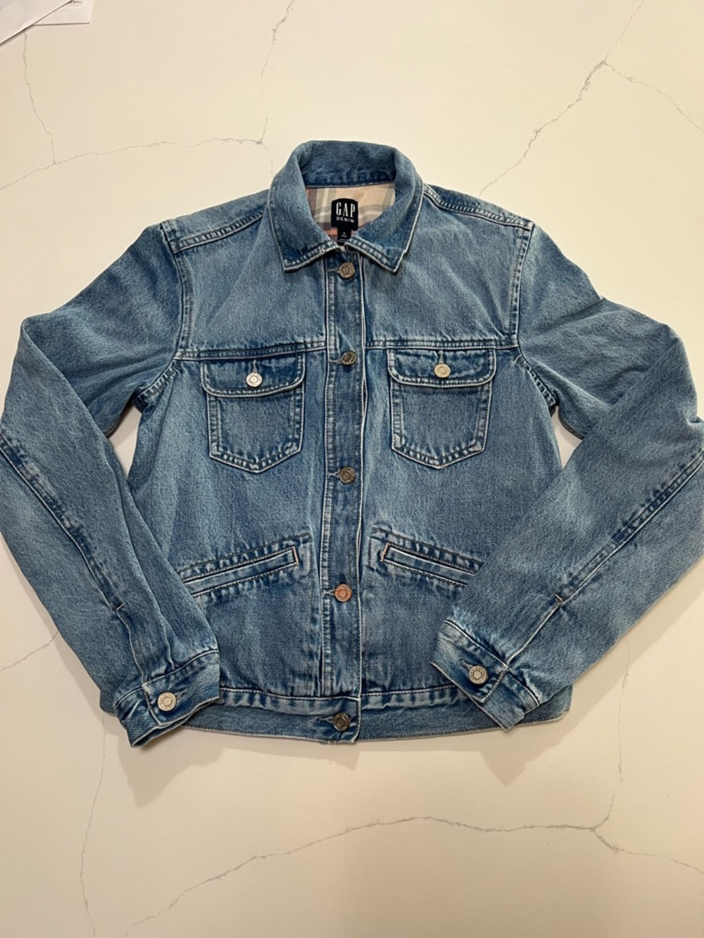 Vintage Icon GAP Women's Denim Jacket Size Medium Tall Flannel Lining Blue Jean